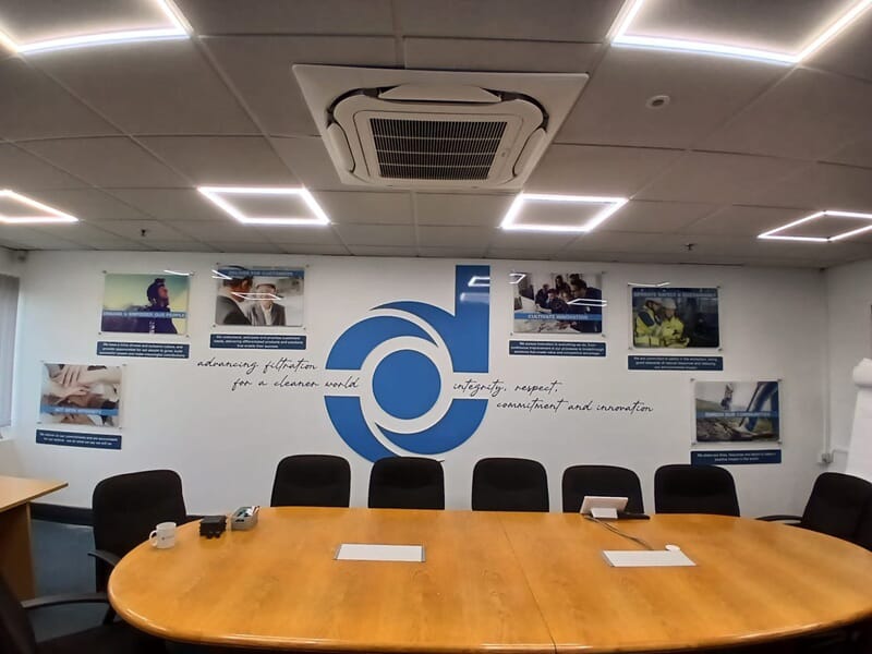 Phase 1 signs and graphics project at Donaldson, Hull. Boardroom right wall visual solutions installed, including a 3D Donaldson logo with fret-cut wall graphic vinyl lettering, as well as acrylic and foamex panels.